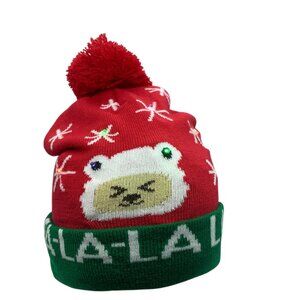Christmas Pom Pom Beanie Hat LED Light Up Bear Fa-La-La Red Green Knit Adult OS